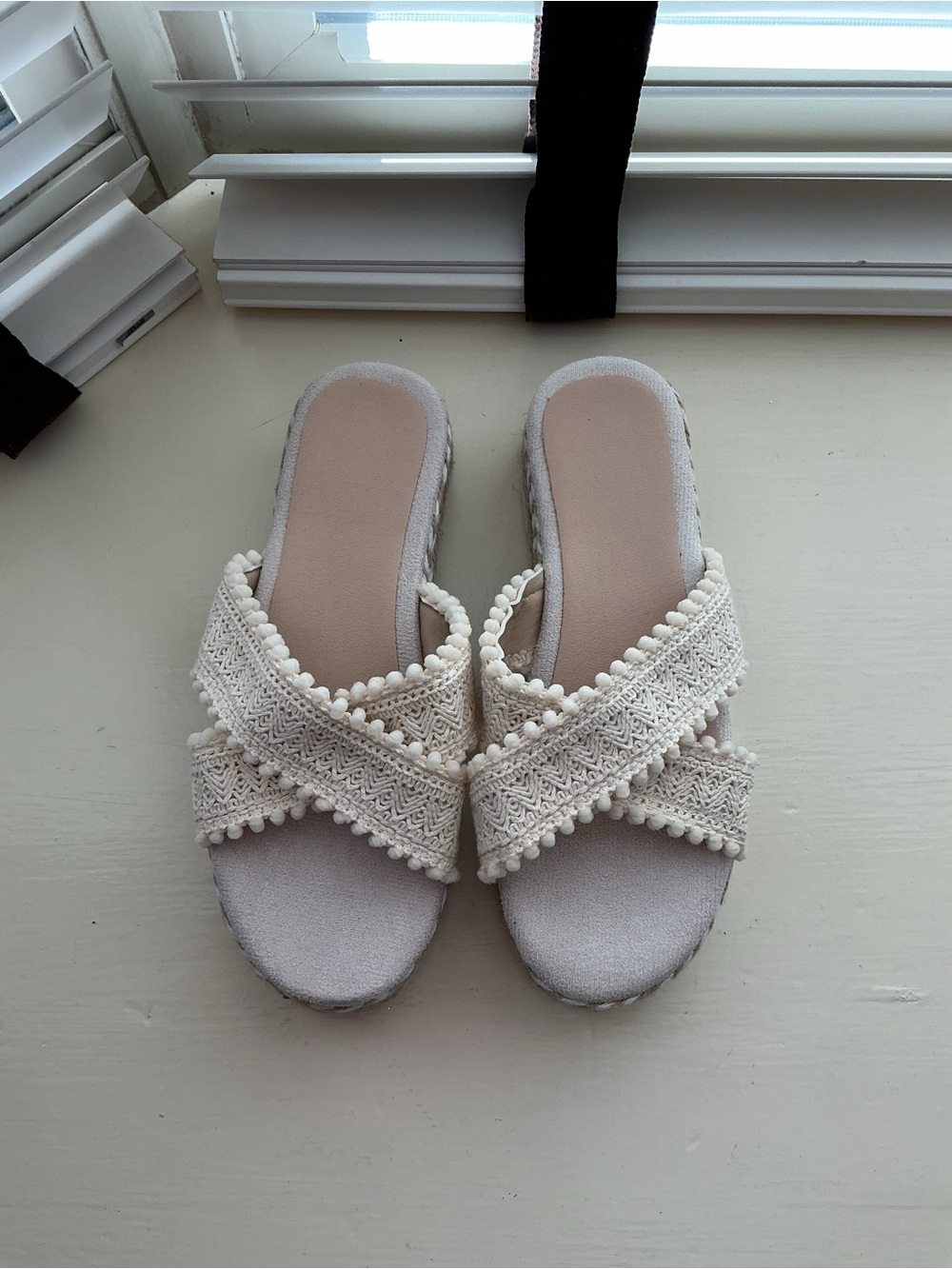 Women's Cream Boho Pom-Pom Slide Sandals